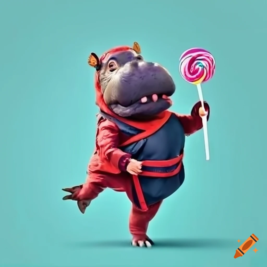 Cute ninja hippo with a lollipop