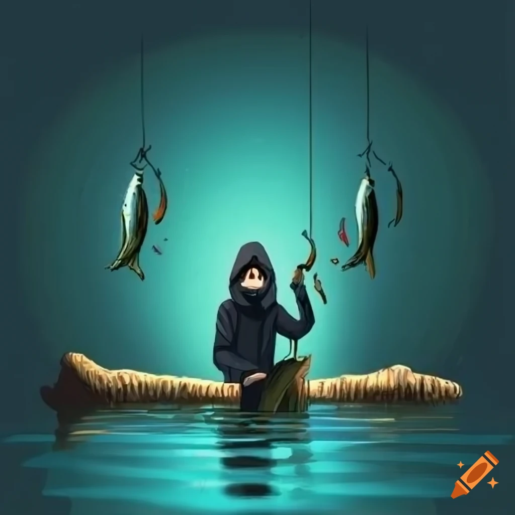 Illustration of a hacker with fishing equipment at the lake on Craiyon
