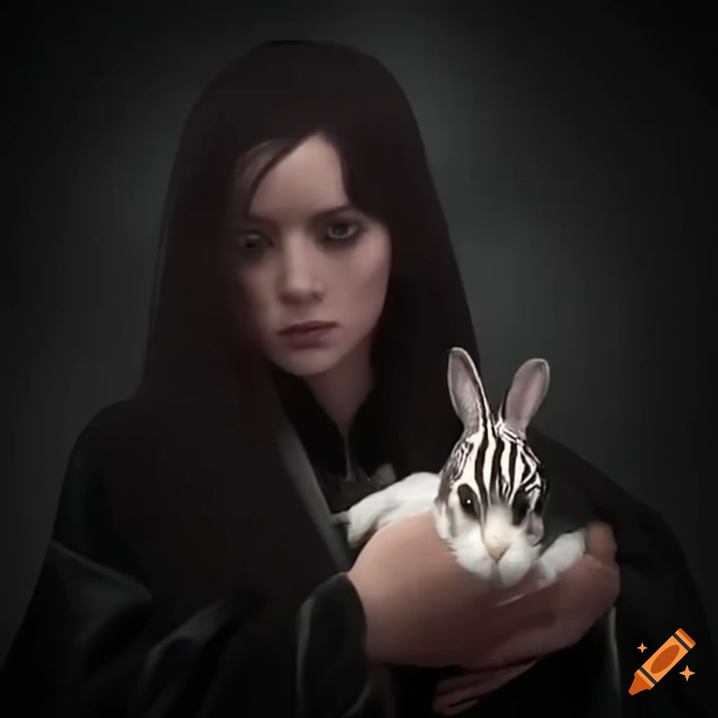 image of a female magician with a zebra-striped rabbit