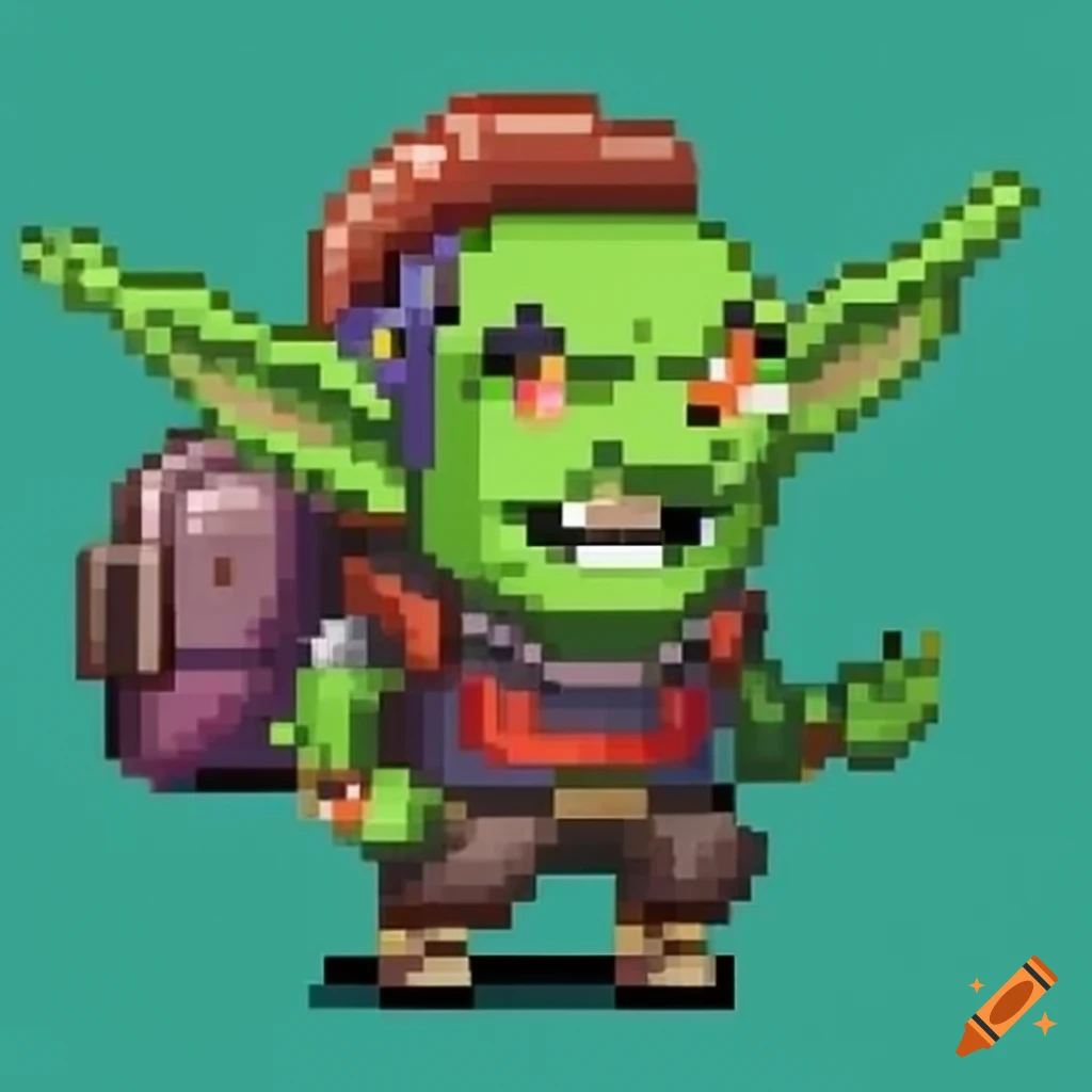 Pixel art of a goblin with oversized backpack on Craiyon