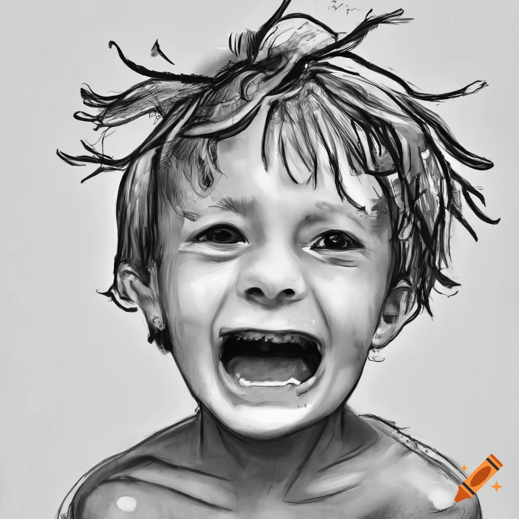 detailed sketch of a laughing child with arms raised