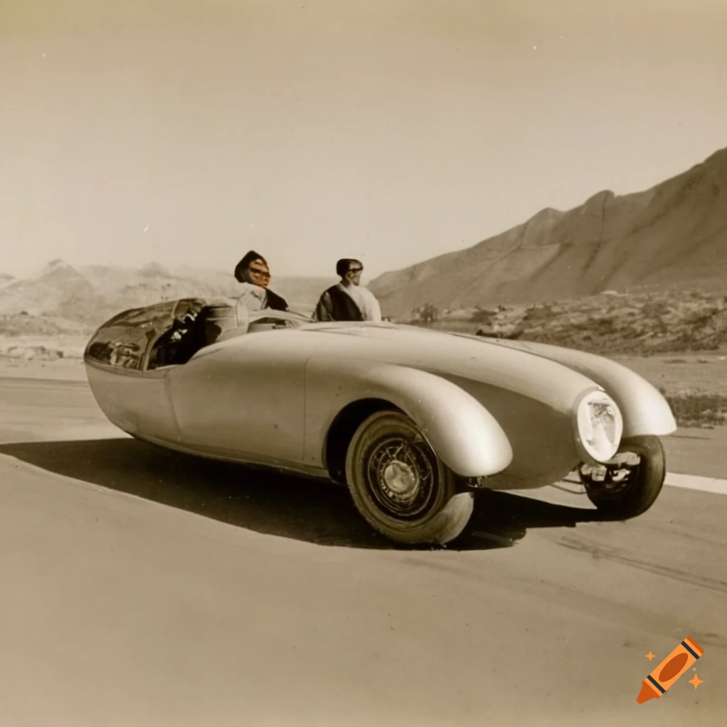 historic image of a wealthy person driving a futuristic sports car