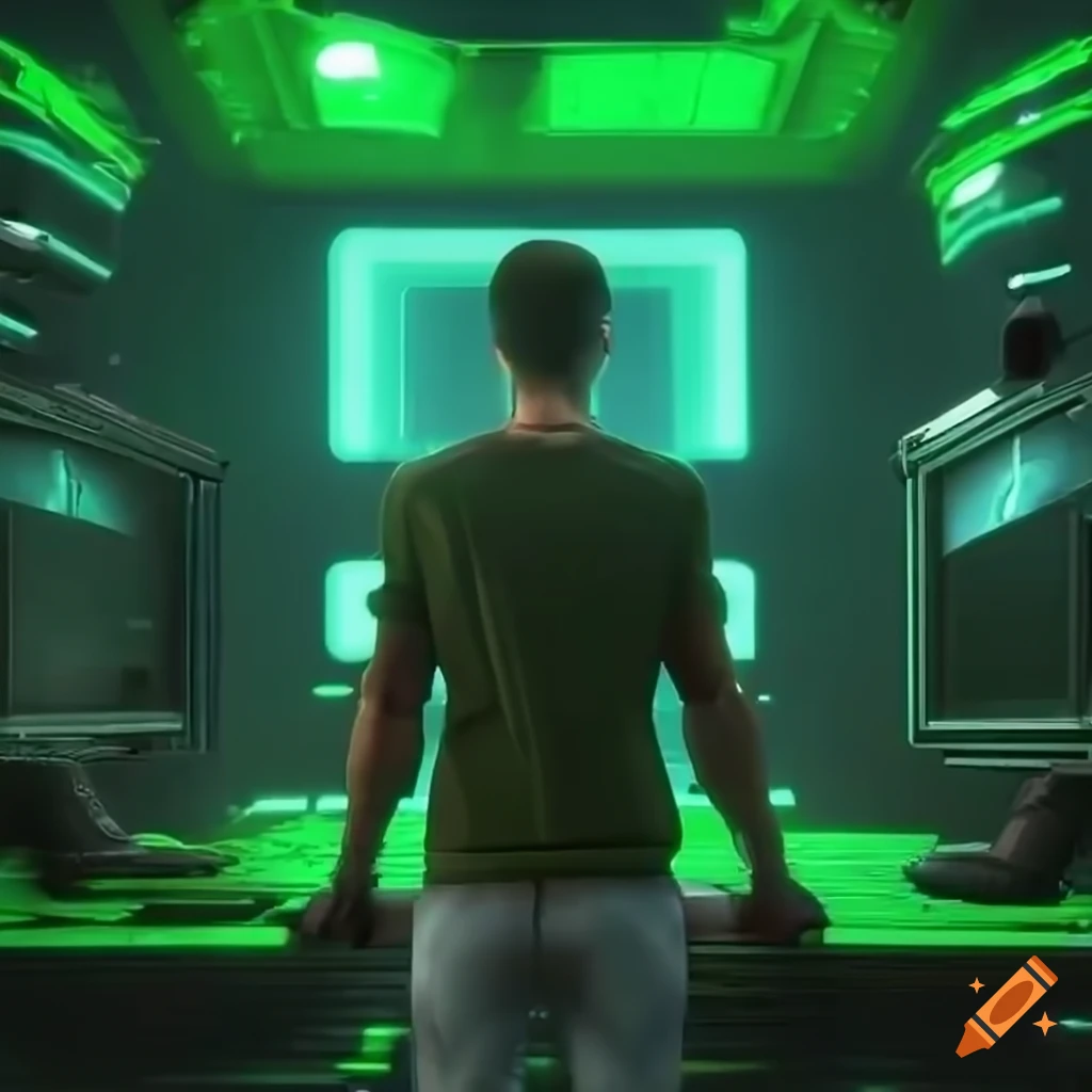 Man programming on a computer with green futuristic colors on Craiyon