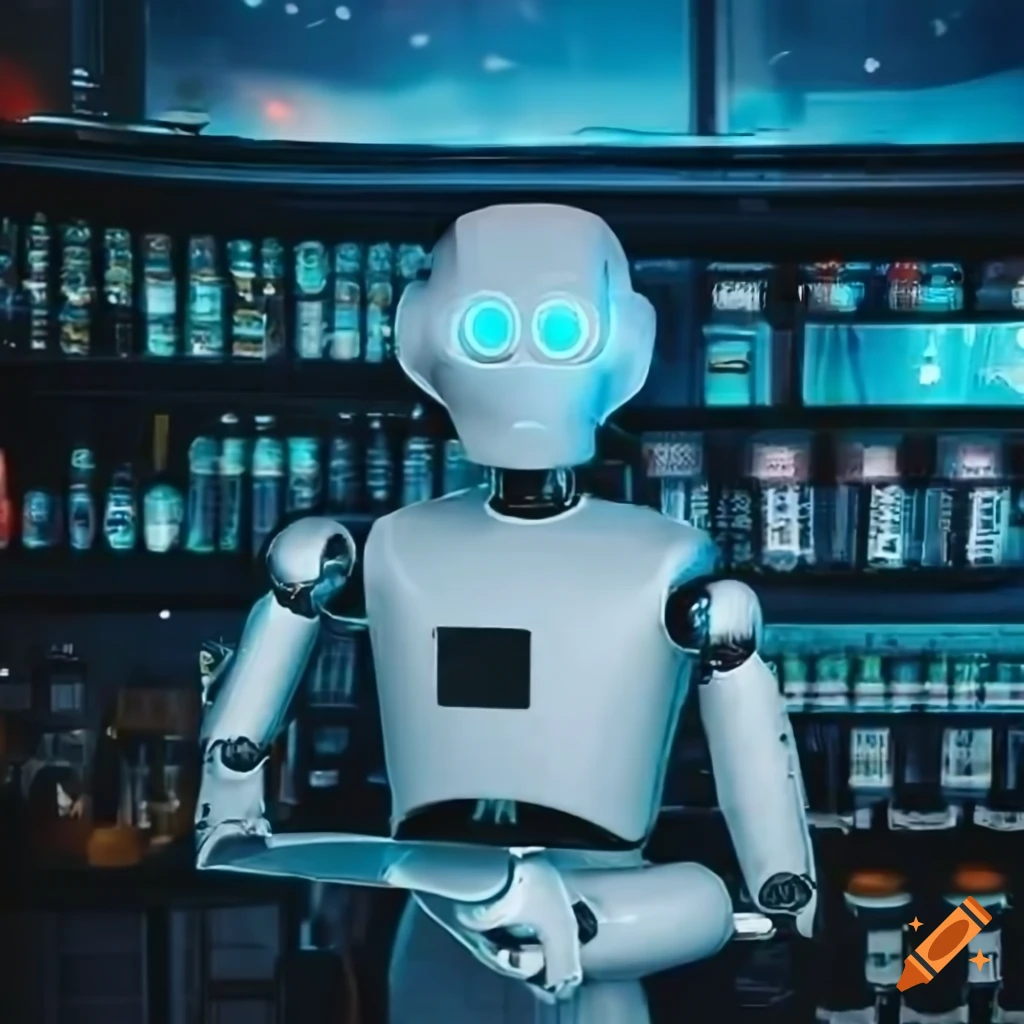 futuristic robot merchant in a commodity shop