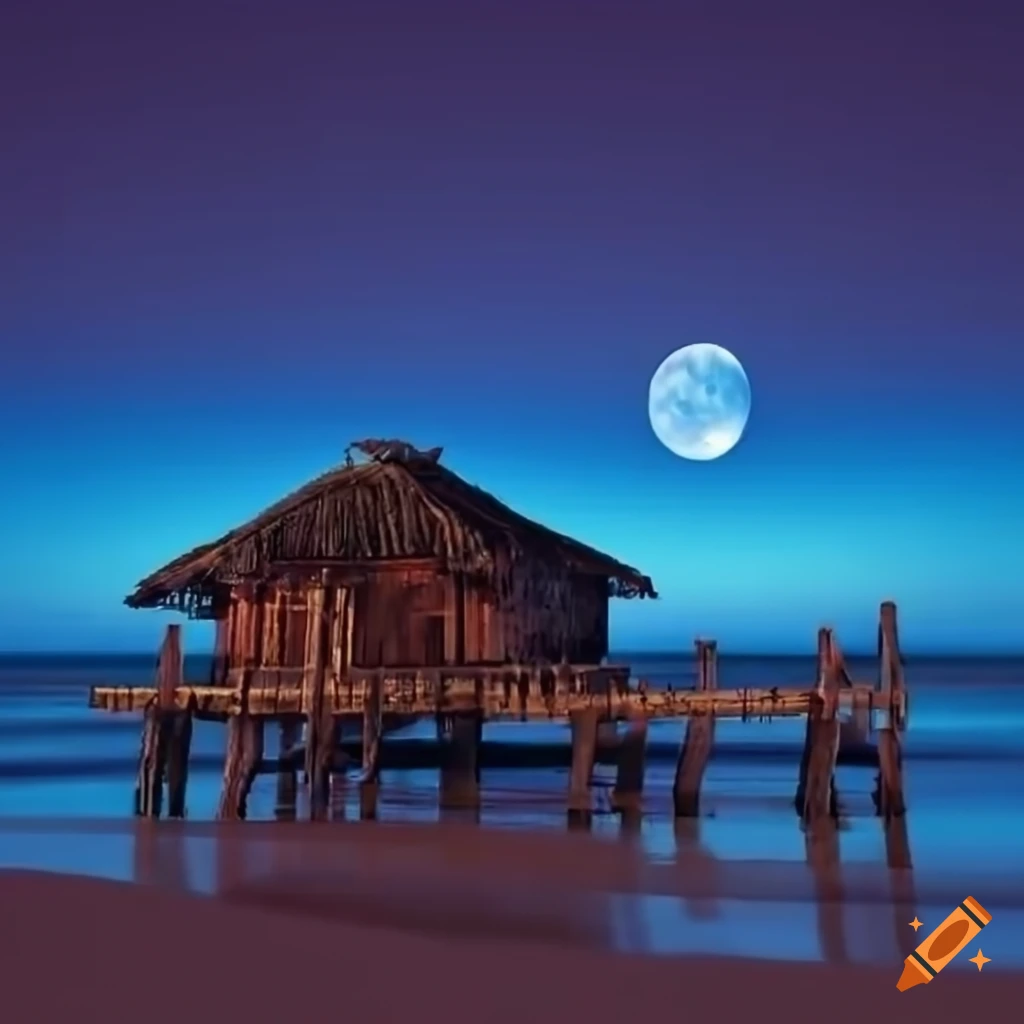 serene starlit beach with a pixelated moon and shooting stars