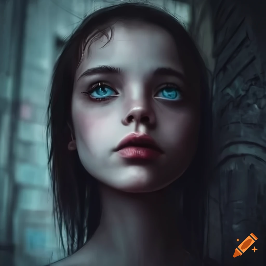 Haunting Portrait Of A Woman With Bright Blue Eyes In Beksinski Style 