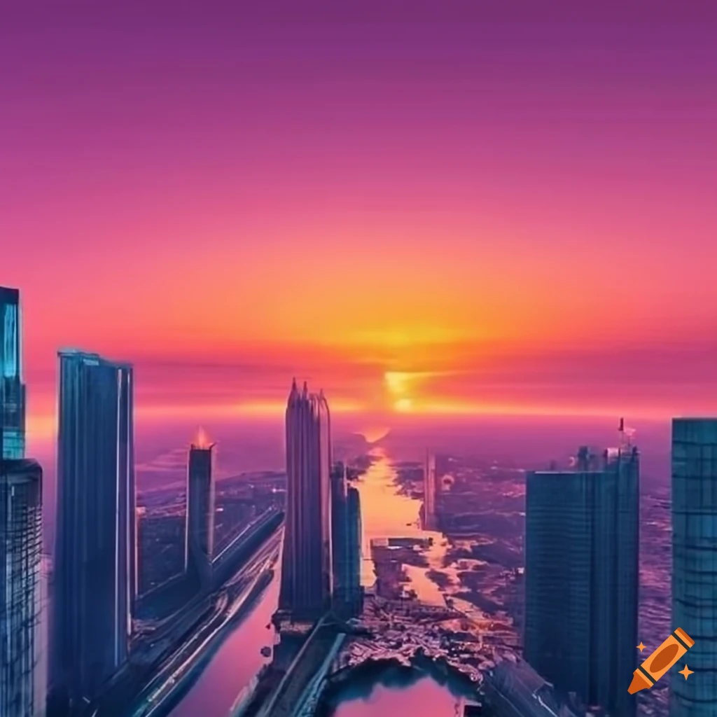 Cityscape with a pink sunset