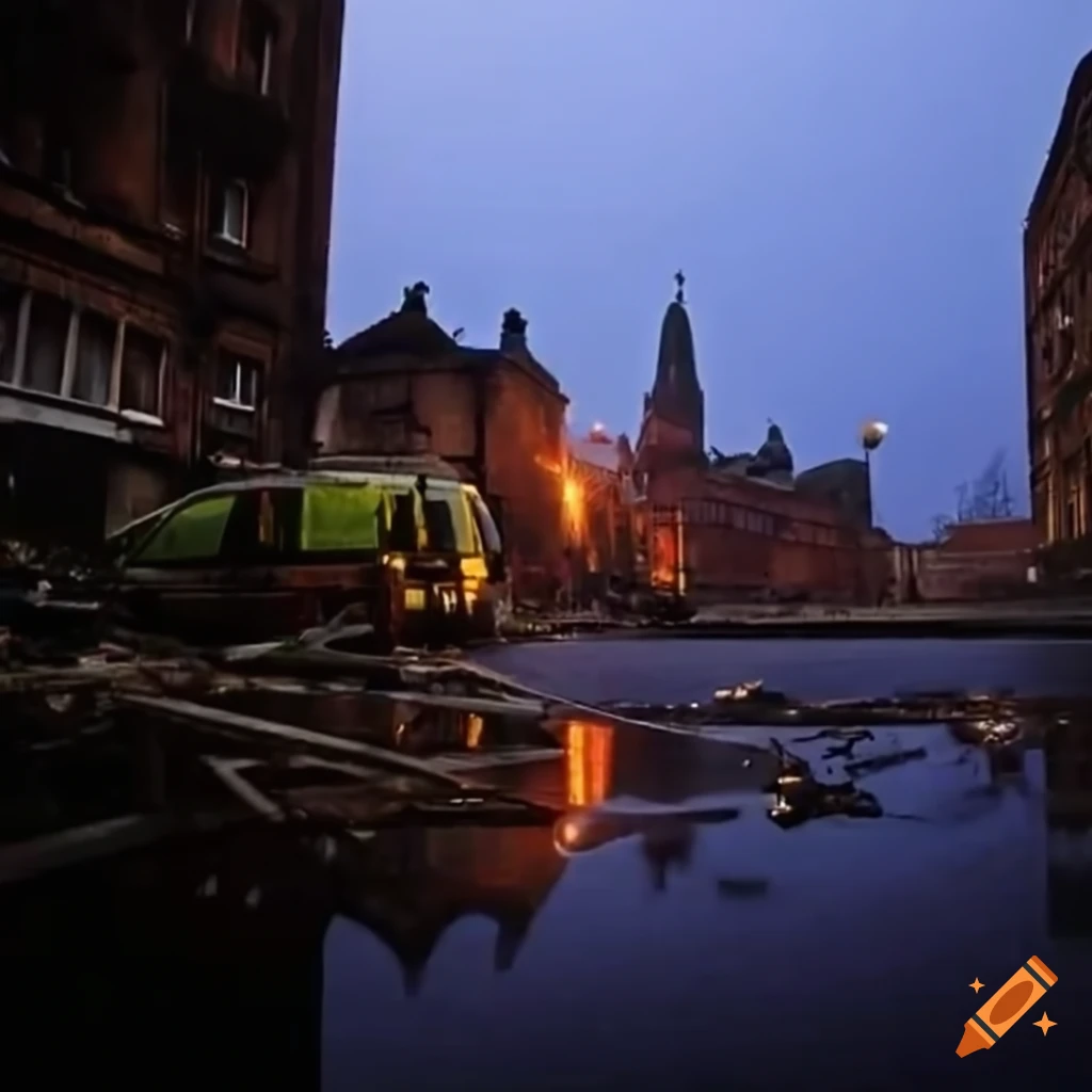 Dusk in a post-apocalyptic cityscape
