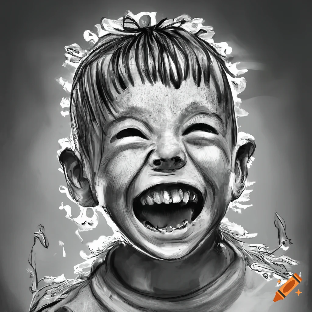 detailed sketch of a laughing child with arms raised