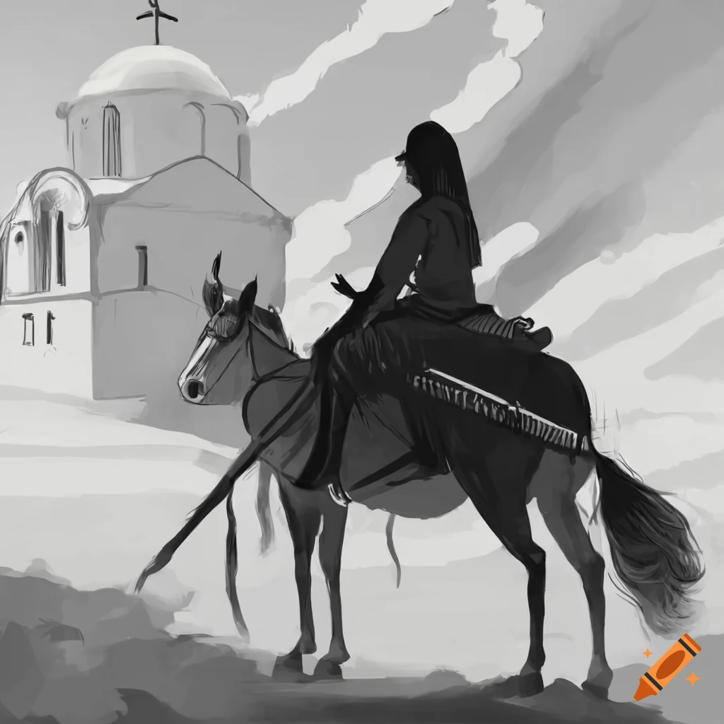 black and white sketch of horse riding nomads at a Greek Orthodox church