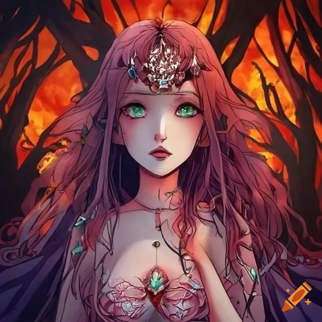 illustration of fairy queen Titania in fiery forest