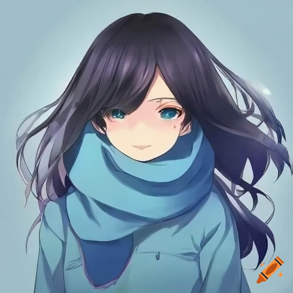 anime girl with long black hair and blue outfit