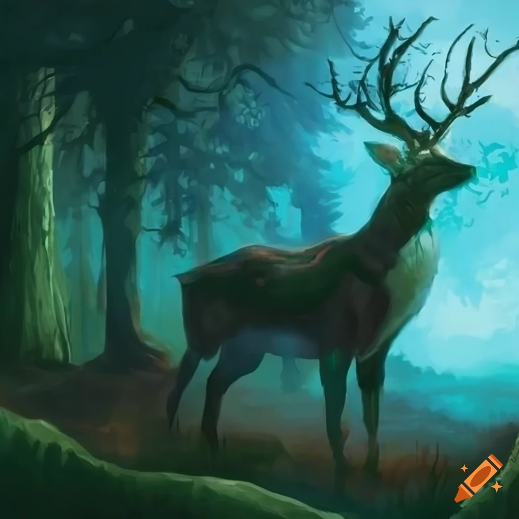 epic landscape with a spectral deer in a forest