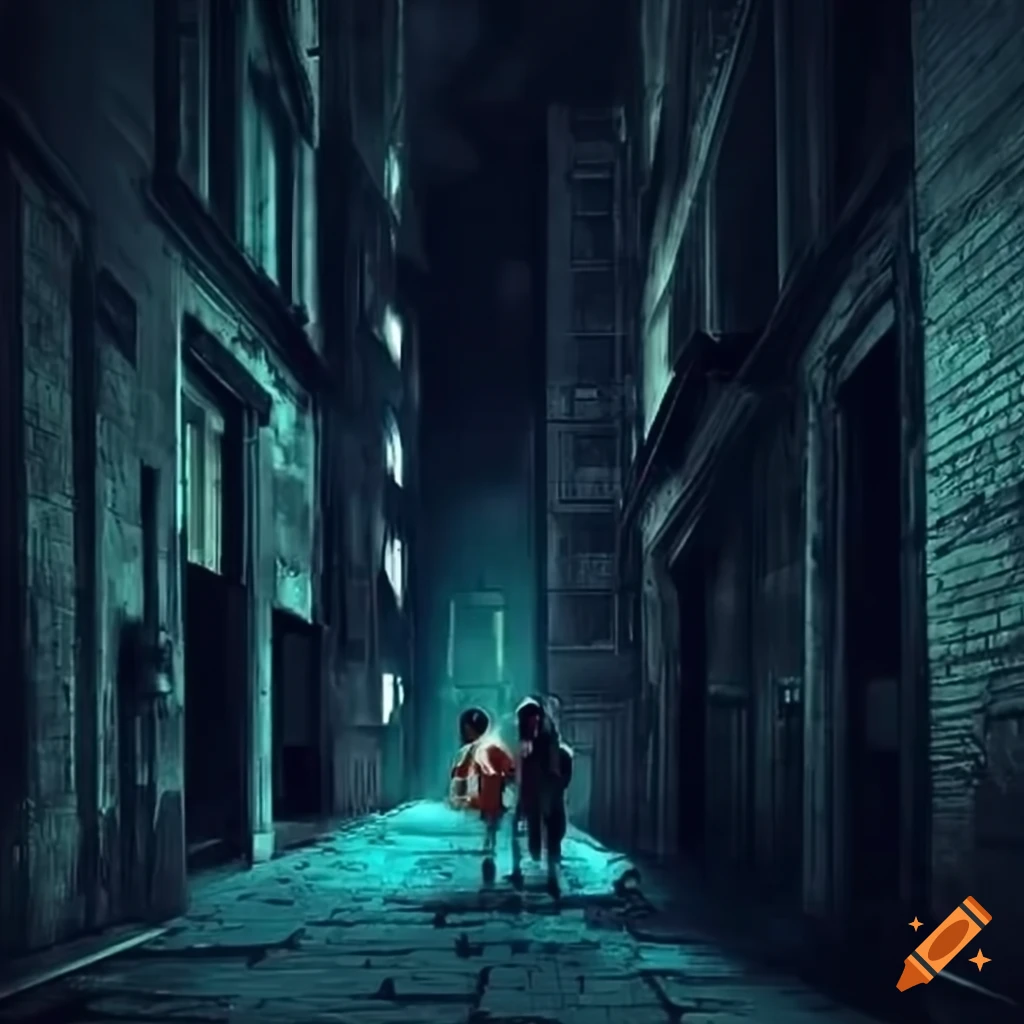 dark and narrow dystopian city with a girl and a boy
