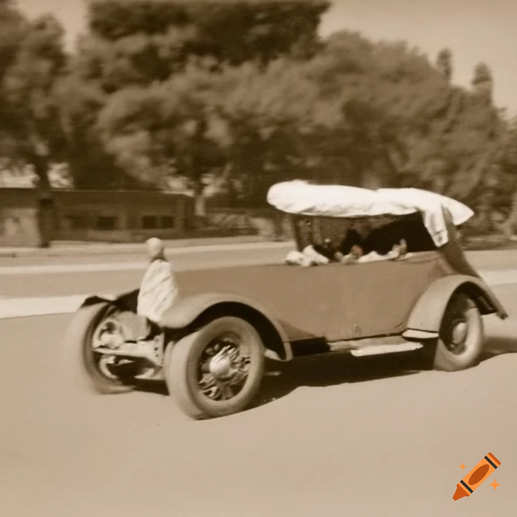 historic image of a wealthy person driving a futuristic sports car
