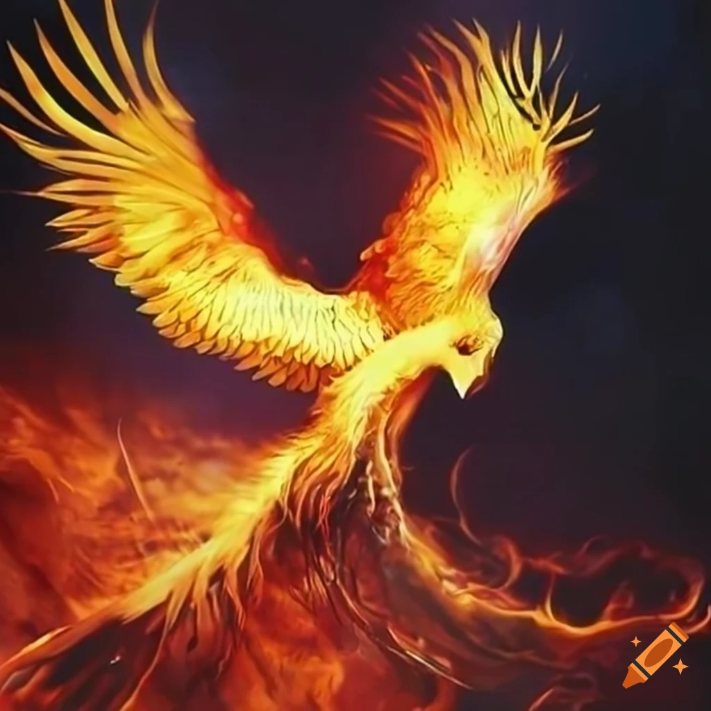 Illustration of a phoenix rising from nuclear ashes on Craiyon