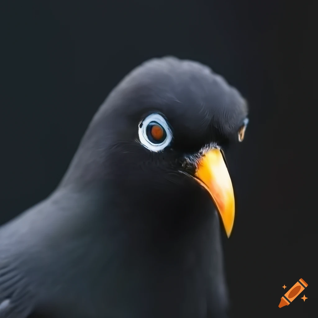 Closeup of a black bird's head with striking white eyes on Craiyon