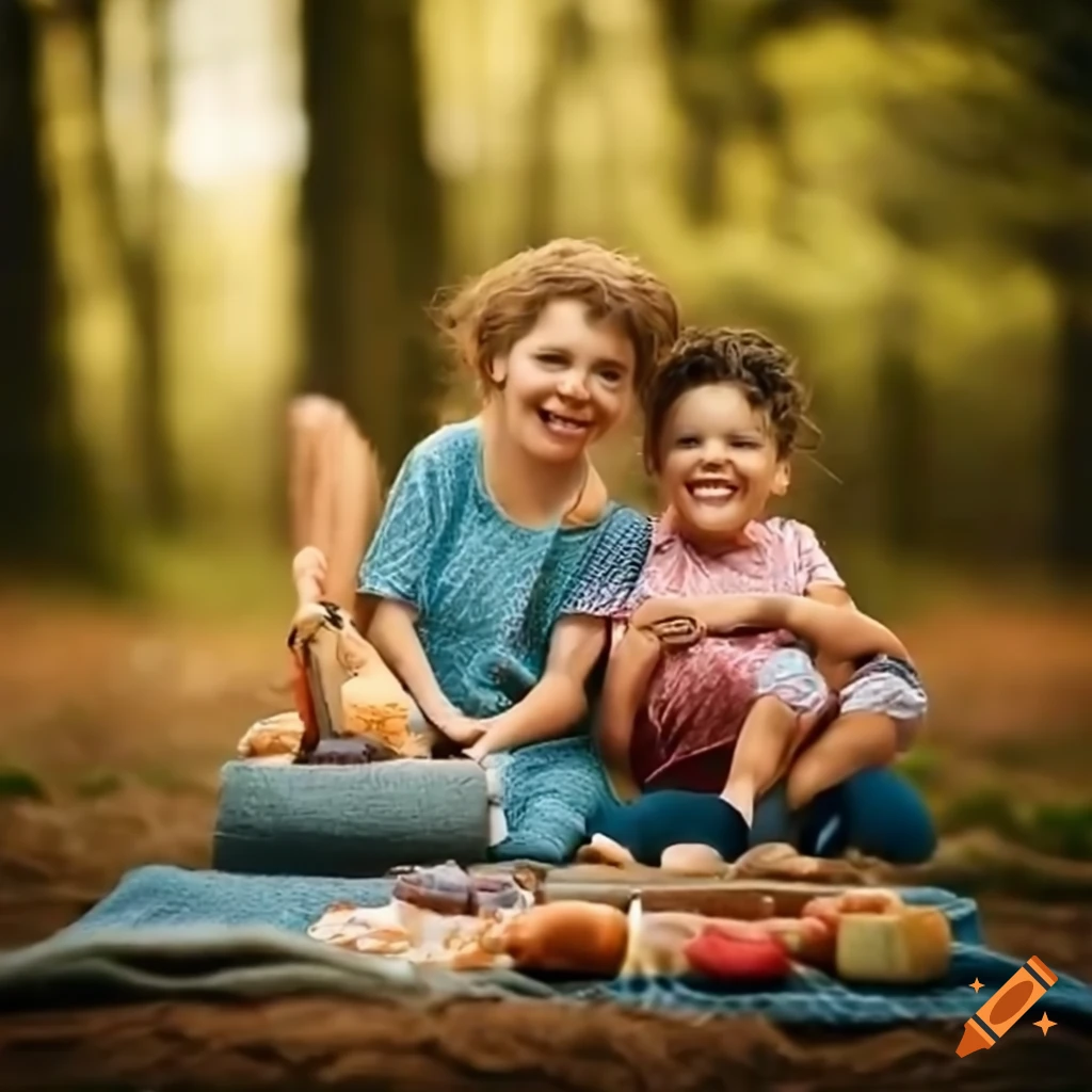 Happy family picnic in the forest