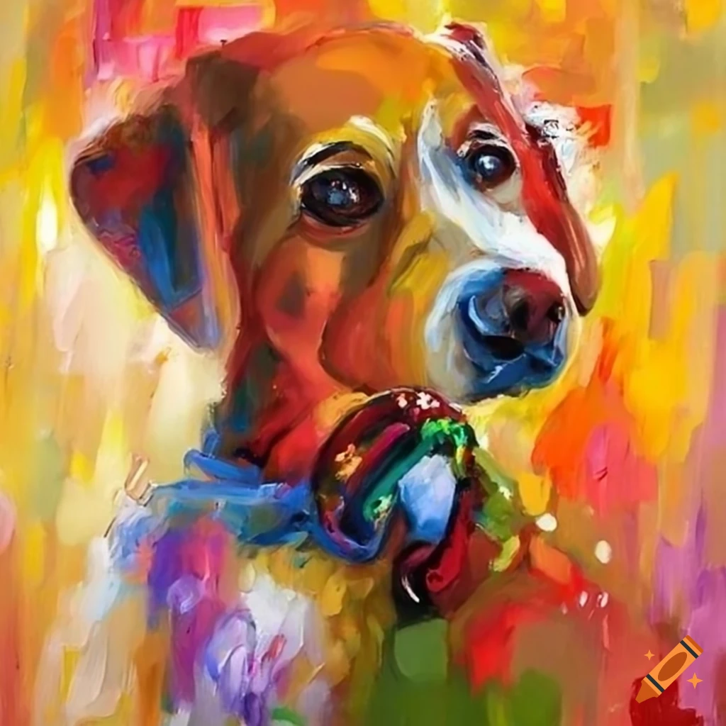 Colorful oil painting of a dog playing the fiddle on Craiyon