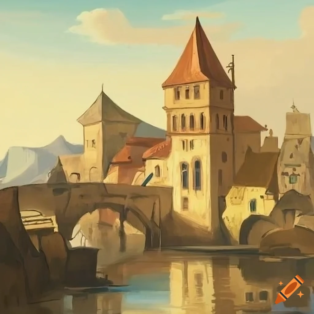 drawing of a medieval town with a river