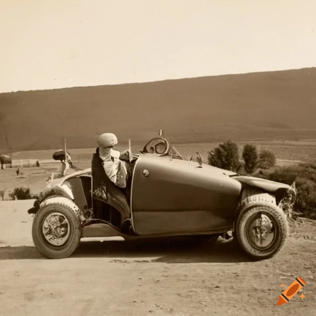 historic image of a wealthy person driving a futuristic sports car