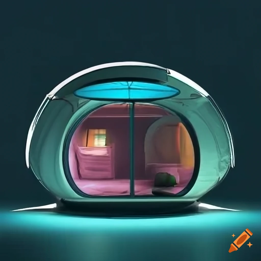 technical drawing of a Japanese retro futuristic camper tent