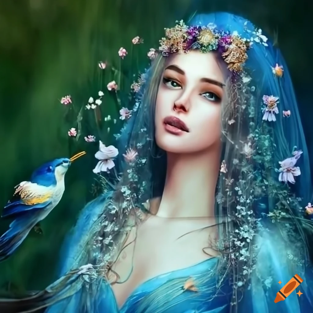 Image of a goddess in a garden surrounded by flowers and birds on Craiyon