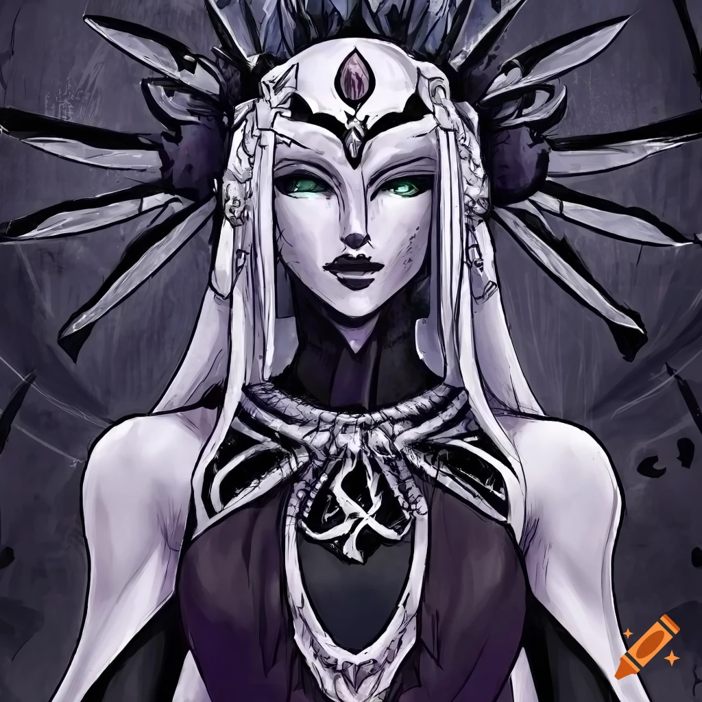 illustration of a black and white deity walking between planes