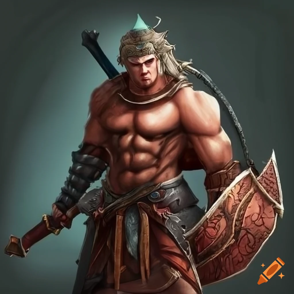 A male muscular fierce warrior with medium long hair wielding a glaive ...