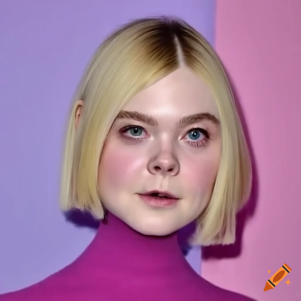 Elle Fanning with a bob haircut and pink turtleneck