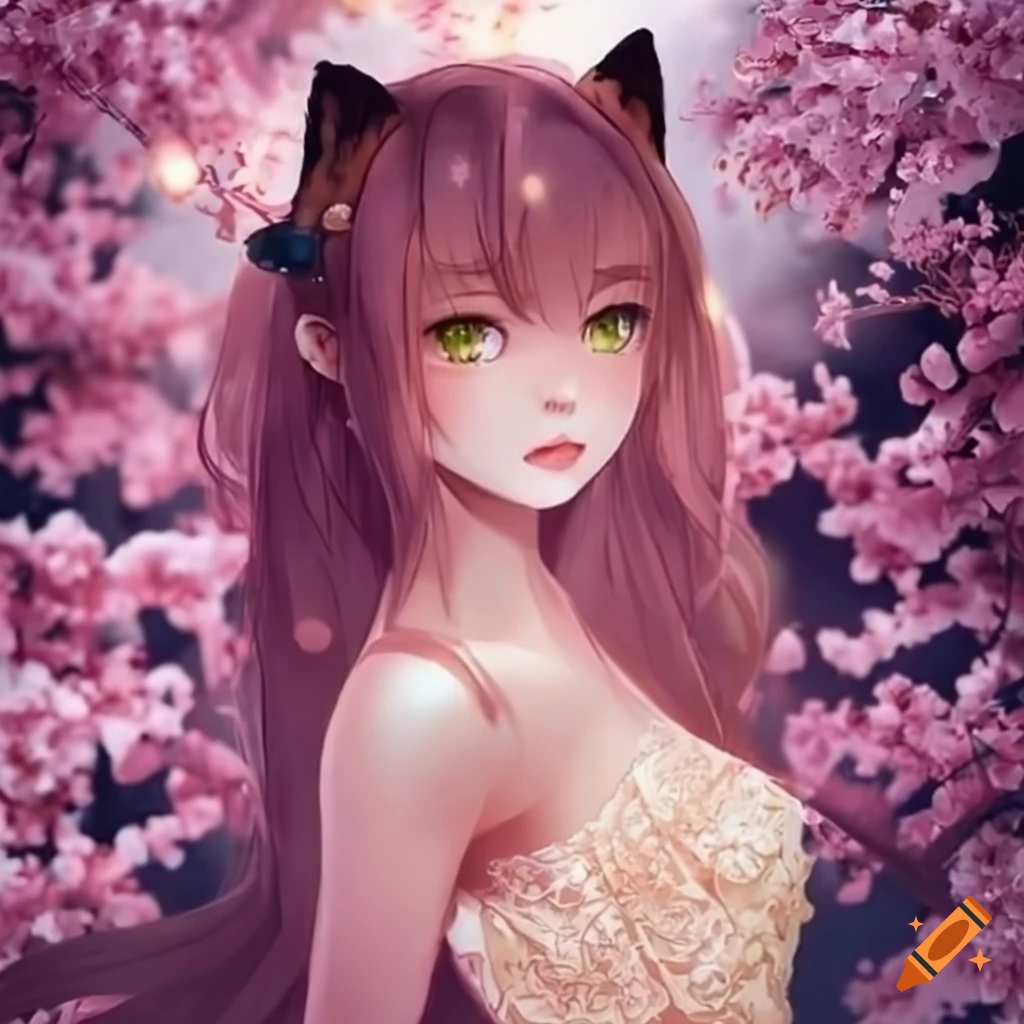 illustration of a fox girl surrounded by cherry blossoms