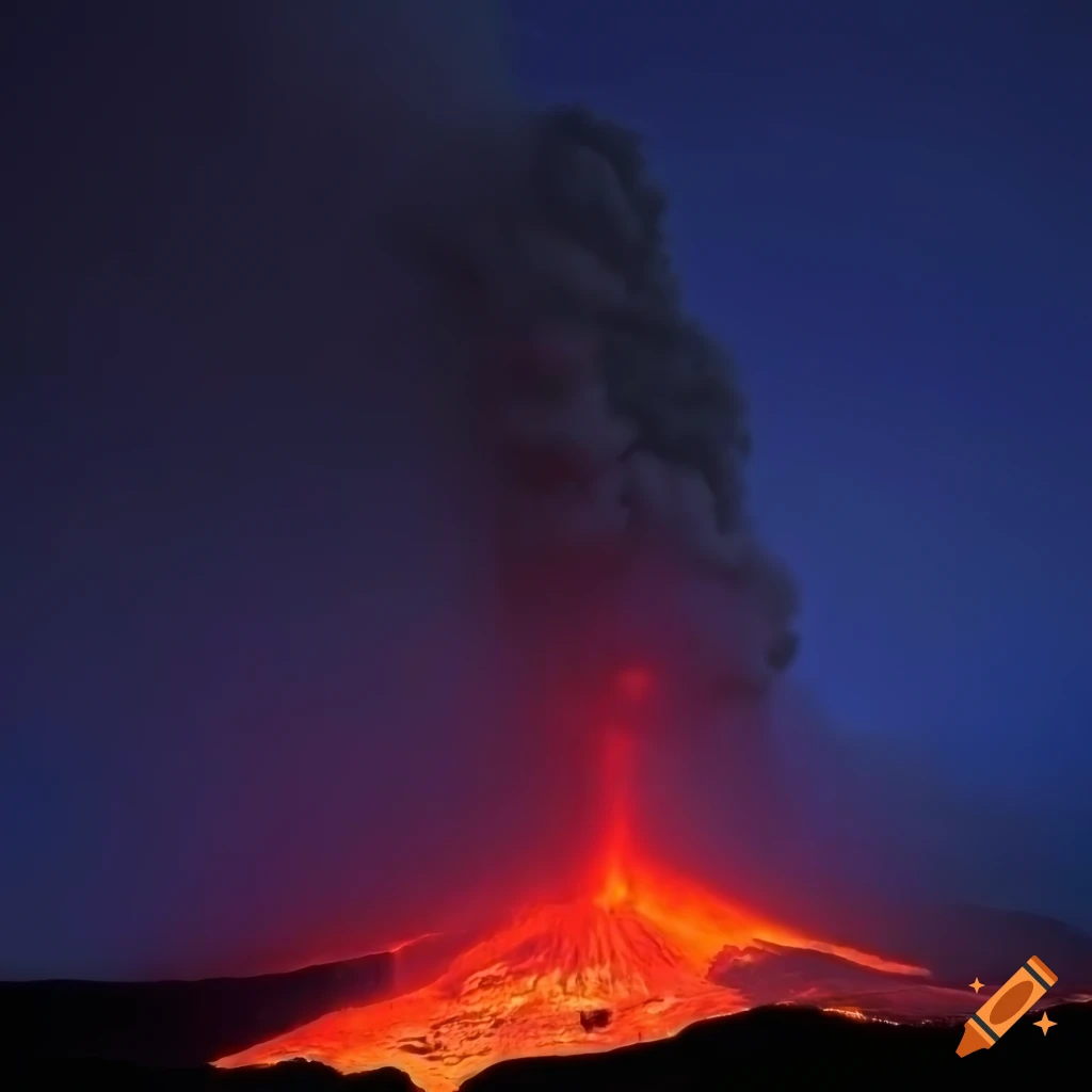 photo of a snow-capped volcano with red lava