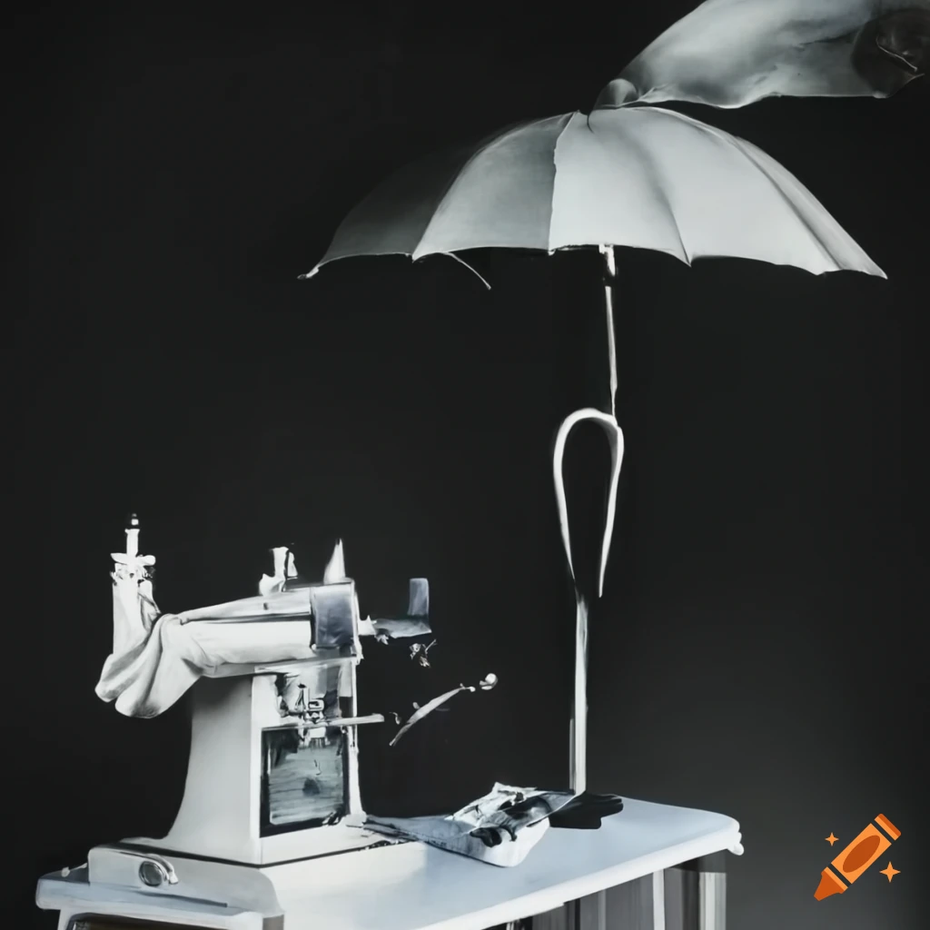 Surreal artwork of operating table, sewing machine, and umbrella on Craiyon