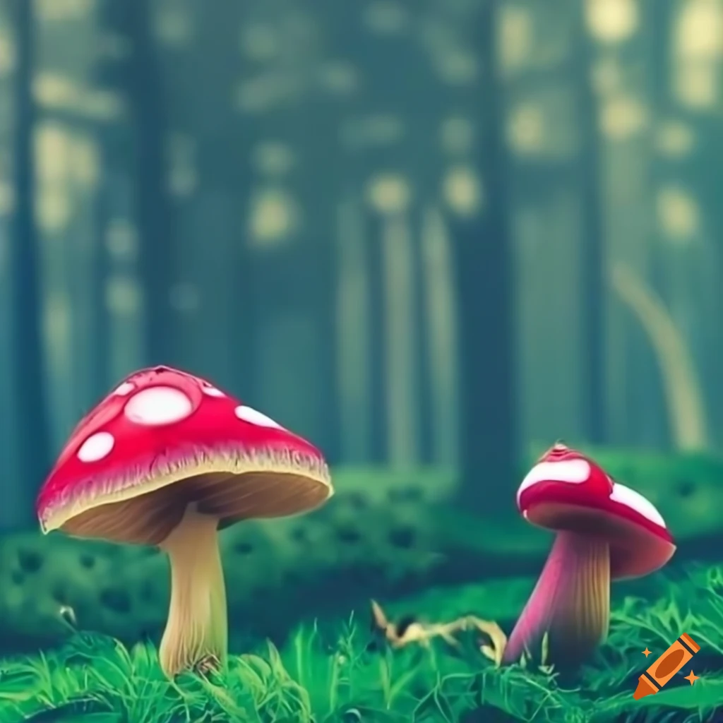 mystical forest with twisted trees and magical mushrooms