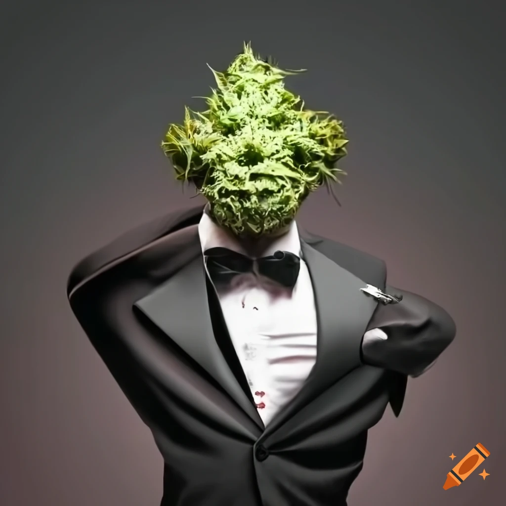 personified weed bud in a tuxedo