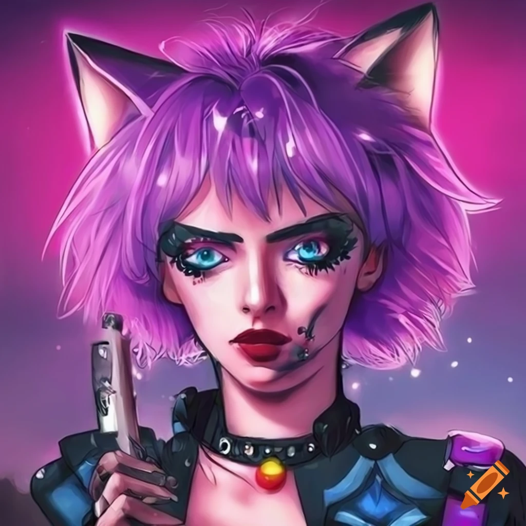anime catgirl with purple hair and pink star tattoo