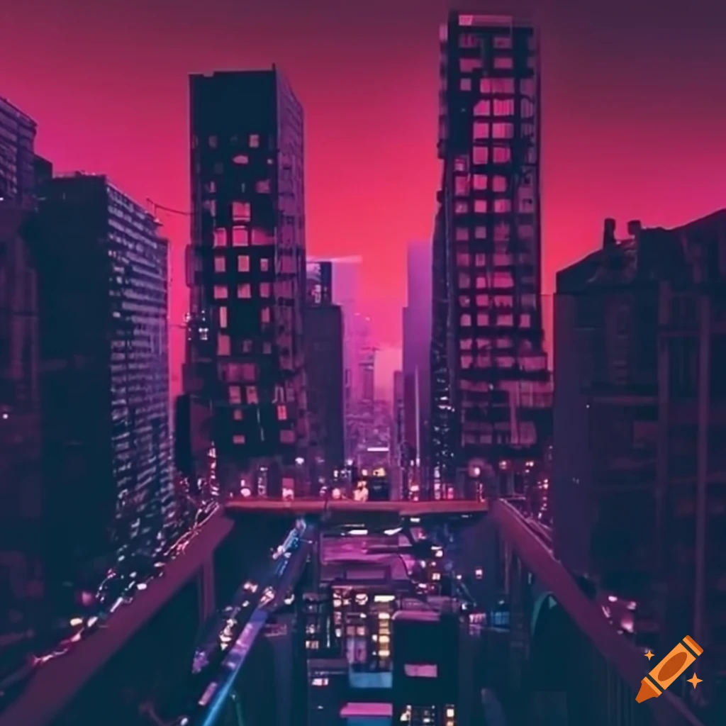 dystopian cityscape with Cale Red sign