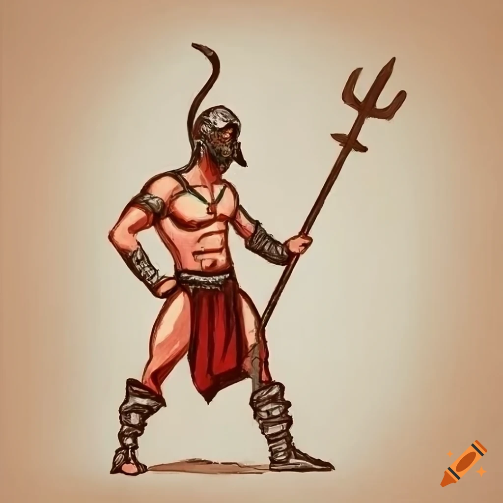 sketch of a fierce gladiator throwing a trident