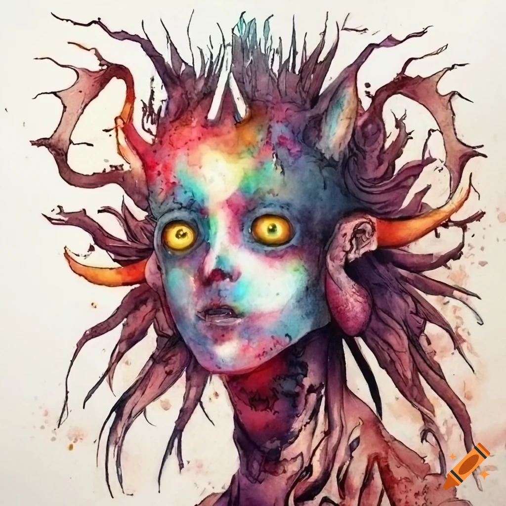 Watercolor art print of a beautiful androgynous demon on Craiyon