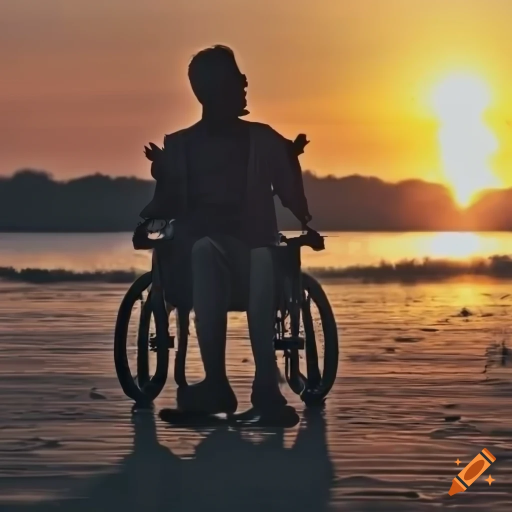 Sunset silhouette of a man in a wheelchair on Craiyon
