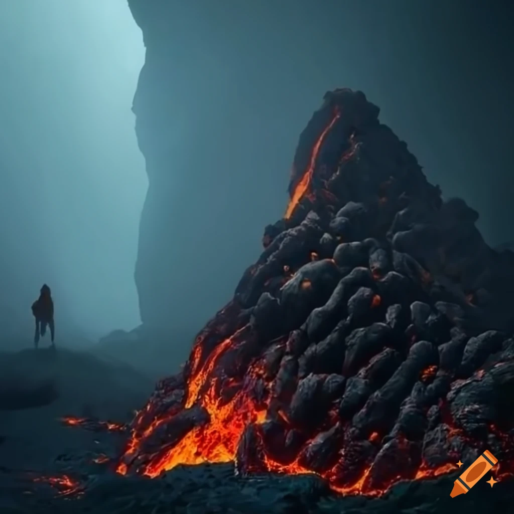 surreal illustration of a lost man surrounded by lava and demons