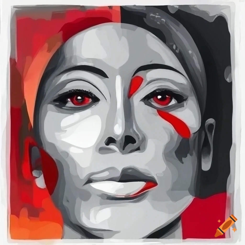abstract artwork of two faces in various shades of gray and red