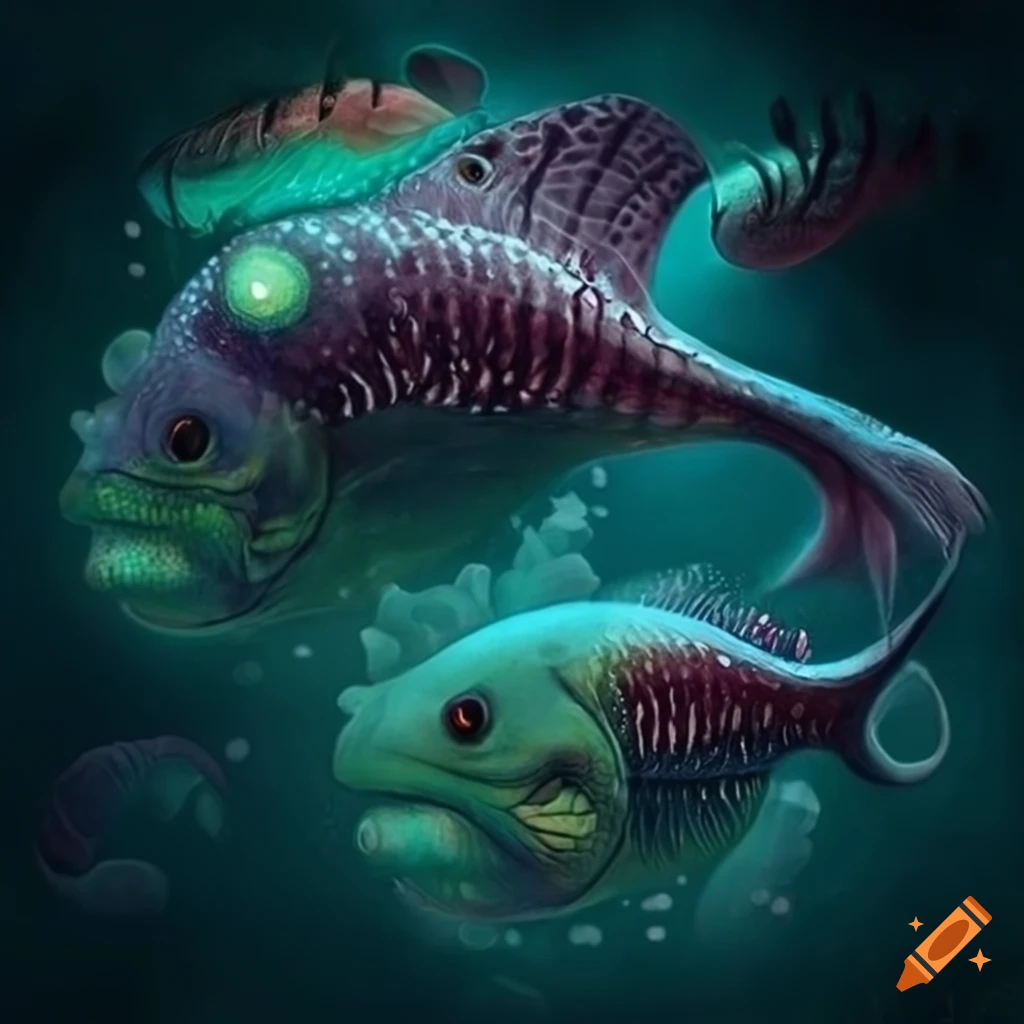 Surrealistic abyssal fish and strange creatures