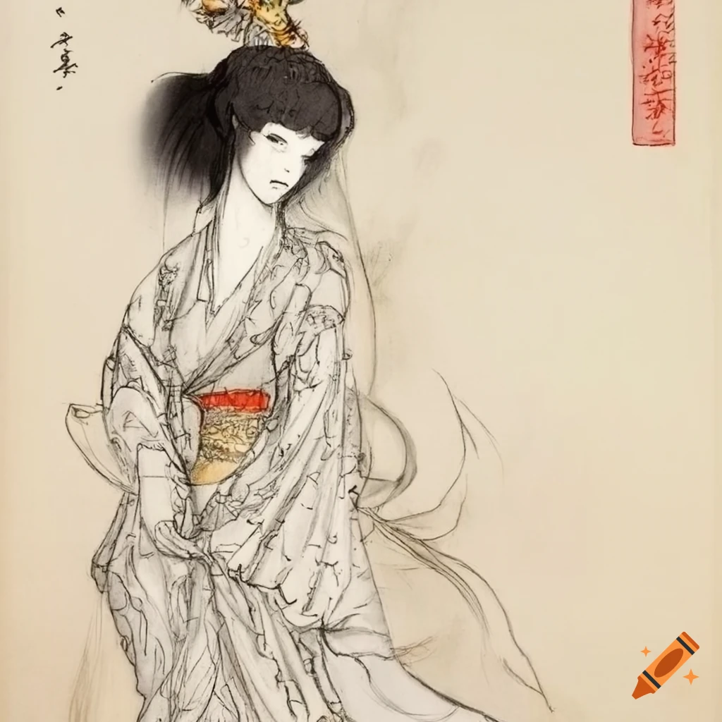 sketch of a ghostly Japanese woman in white