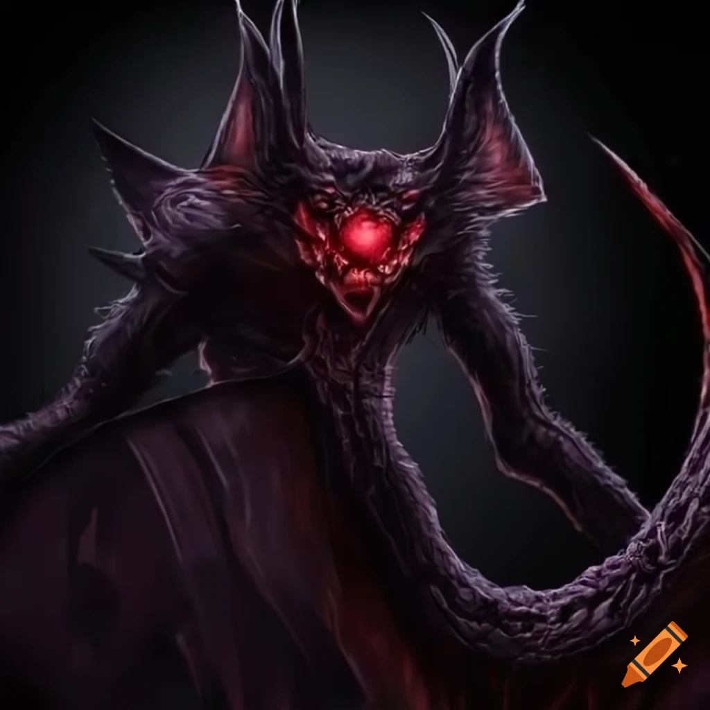Bat beast with blue fur and red eyes in a dark setting on Craiyon