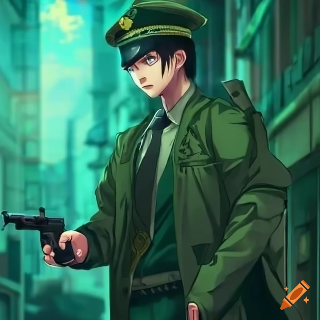 anime-style illustration of a fierce Chinese male officer in a mystical jade city alleyway