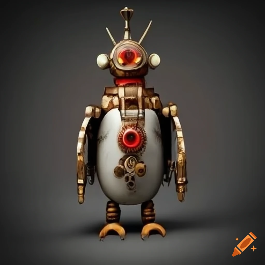 steampunk penguin robot with red eyes