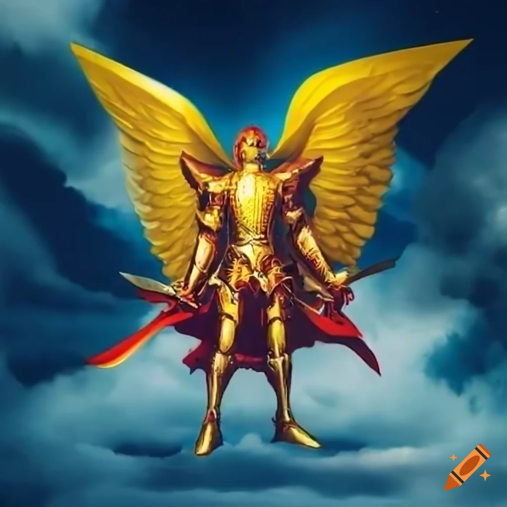 Archangel male character, fully armoured and using a delightful helmet, his  wings are made of pure divine energy, his armour features a white base and  golden metalic details and parts on Craiyon