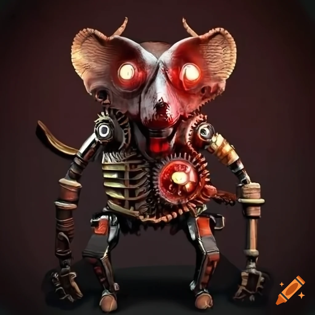 scary steampunk rat robot with red eyes