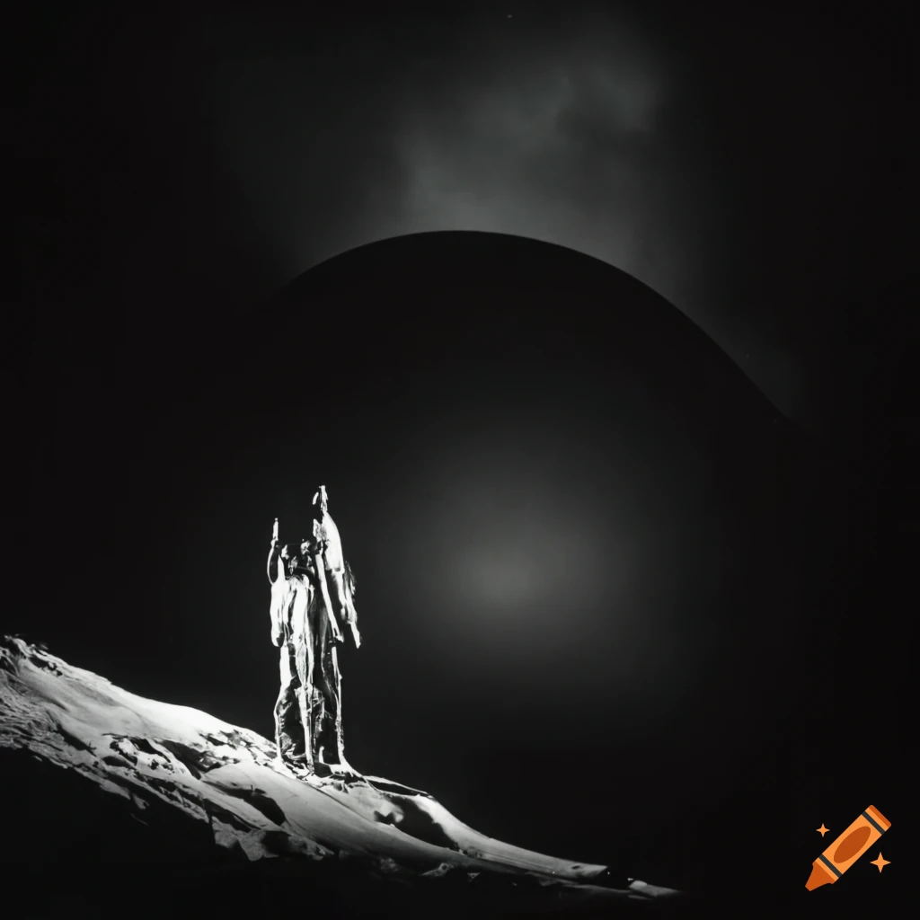 retrofuturistic science objects levitating in a dark night scene